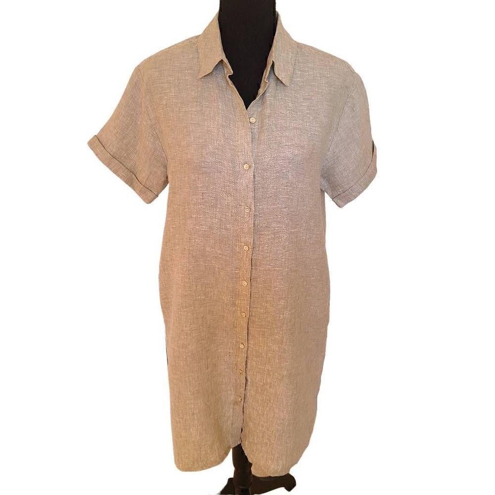 Tahari Womens Short Sleeves Pointed Collar Button Linen Dress Light Green Small